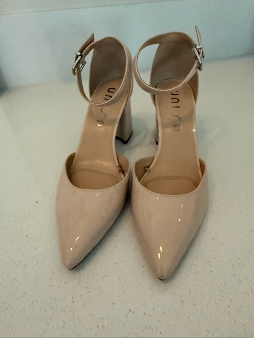 Unisa Beige Patent Pointed-Toe Ankle-Strap Heels